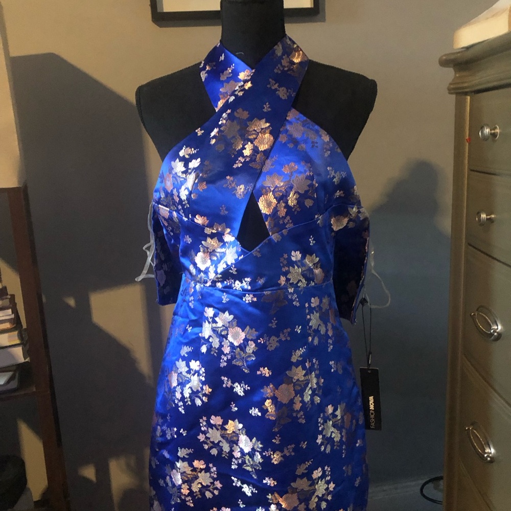 Royal Blue Floral Satin Halter Dress